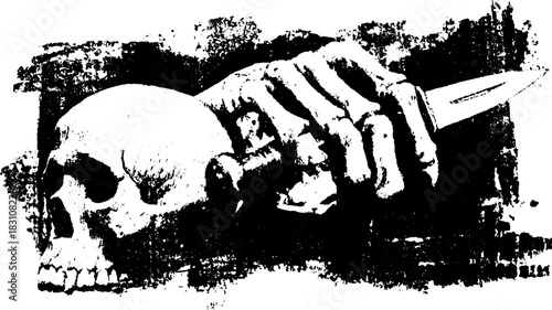 Creepy skull and hand holding a knife. Black and white vector illustration with textured detail, ideal for horror-themed graphic design.
