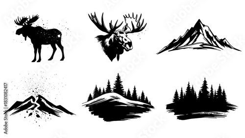 Wildlife and nature silhouette designs featuring moose and mountains