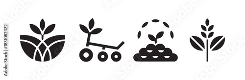 Four black and white icons depicting agriculture, a rover, and plant growth in a minimalist style