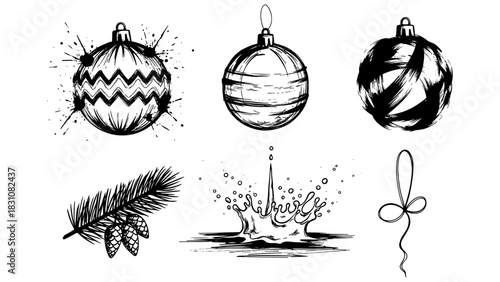 Hand drawn christmas elements with ornaments, pine branch, and festive ribbon