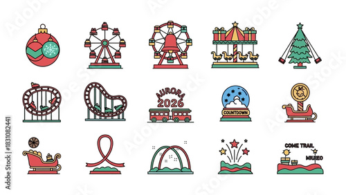 Amusement Park icons set: A colorful array of amusement park icons, each illustration radiates joy and excitement. Suitable for recreational, vacation, and entertainment designs. 