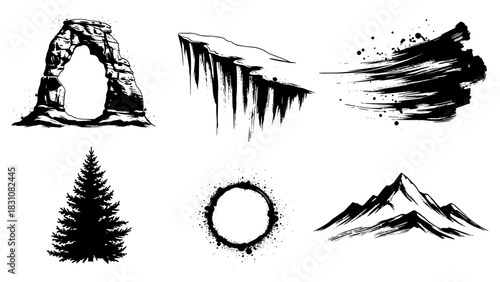 Dynamic monochrome nature elements: rock formations and dramatic landscapes