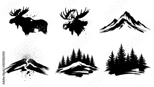 Wildlife and nature silhouettes: moose and mountain landscapes in black and white