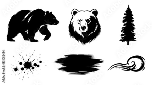 Black and white bear silhouettes with forest elements and artistic splashes