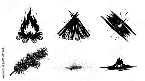 Monochrome campfire elements: fire, kindling, and nature icons