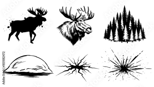 Wildlife silhouette collection: moose and nature elements in monochrome art