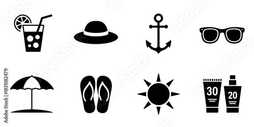 Illustration of summer beach vacation icons including drink hat anchor and more