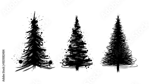 Artistic ink sketches of abstract christmas trees in monochrome style