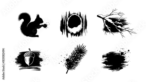 Nature silhouettes: squirrel, acorn, pine branch, abstract shapes in grunge style