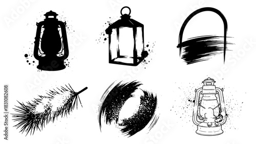 Rustic ink lanterns and abstract brush designs in black and white