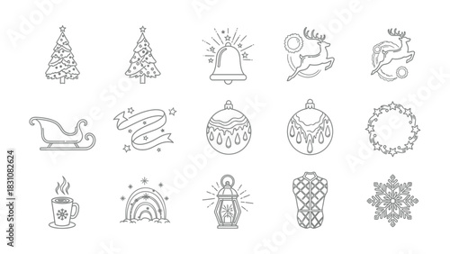 Winter Wonderland Icons: An array of charming winter-themed icons, perfect for spreading holiday cheer, including Christmas tree, bells, reindeer, sleigh, wreath and other related symbols.