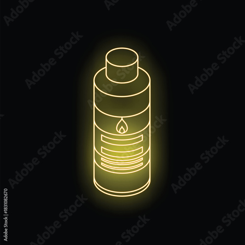 Yellow neon icon of lighter fluid glowing on black background