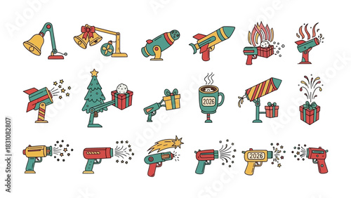 Festive Icon Collection: A vibrant assortment of holiday-themed icons, including rockets, bells, and gift, for design use. These creative illustrations enhance various seasonal projects.