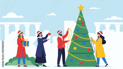 Four festive friends wearing red Santa hats gather outdoors to decorate a large Christmas tree with golden garlands and colorful baubles, creating a cheerful holiday scene against a pale city skyline