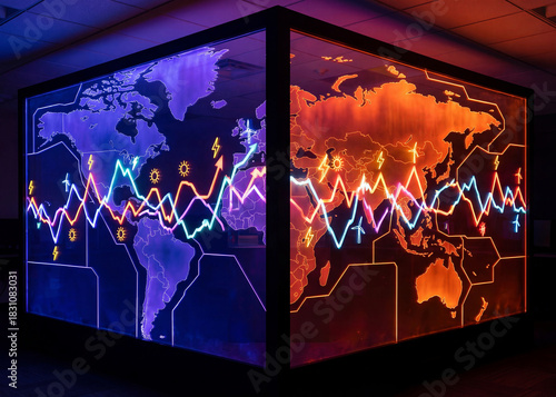 Energy symbols fluctuating amidst divided global map with neon lights showing wind turbines, lightning, and sun icons representing renewable energy trends and data visualization blue and orange