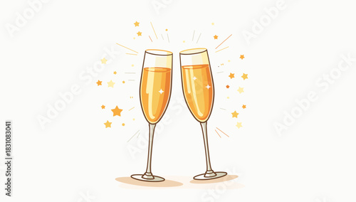 Minimal bright champagne glasses with star sparkles on clean white background