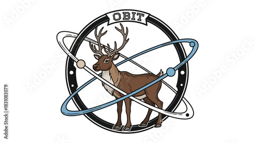 Symbolic Reindeer: A reindeer standing confidently inside a circular emblem, its antlers reaching high, and its form framed by orbital rings, this image symbolizes ambition, knowledge, and enterprise.