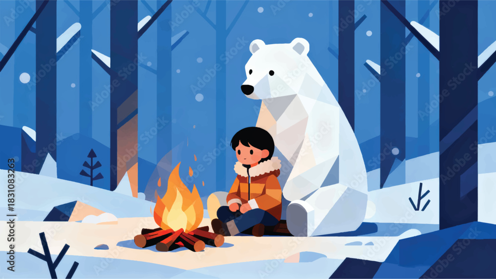 Naklejka premium Illustration Of A Small Child And A White Bear Warming Up In A Winter Forest Vector Design Template