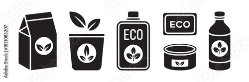 Eco friendly packaging icons showing a variety of containers with leaf and eco symbols in black