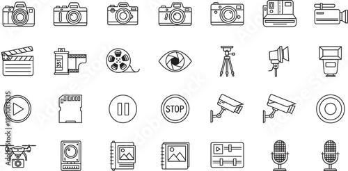 Photography and videography media production equipment line icons set. digital camera, film, drone, microphone symbols. Vector