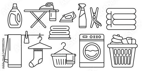 Illustration of laundry related items including washing machine and iron board