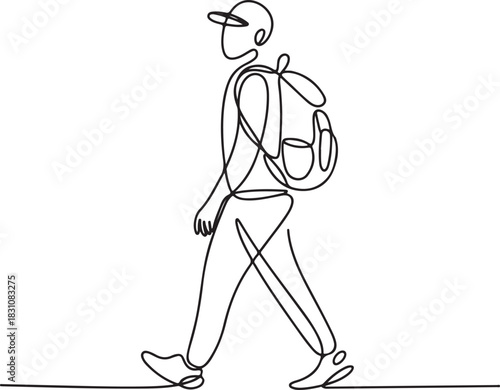 Continuous Line Art Illustration of Figure Walking with Backpack