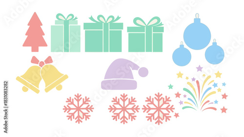 Festive Assemblage: An array of joyous symbols. Christmas gifts, snowflakes and ornaments and more, embodying the season's cheer.