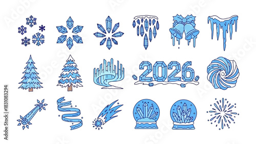 Winter Wonderland Elements: A collection of meticulously crafted, ice-themed illustrations perfect for festive design, showcasing intricate snowflake, icicle, tree, and ornament designs.