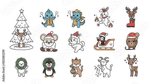 Holiday Cheer Collection: A delightful ensemble of festive illustrations captures the spirit of the season, each featuring a charming animal character.