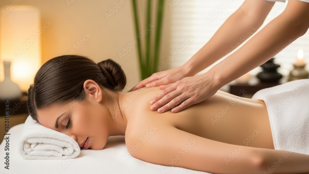 Obraz premium Young hispanic female enjoying relaxing back massage in spa environment