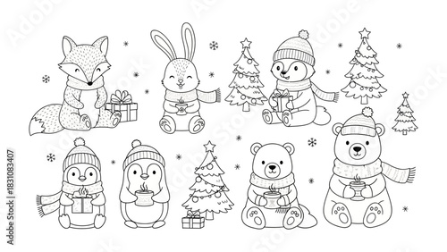 Festive Animal Collection: A collection of adorable animal friends bundled up for the winter holidays, each bearing gifts or festive decor, perfect for spreading holiday cheer.