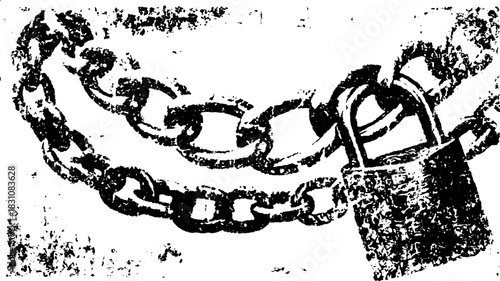 Chain and padlock illustration in black. Antique vector illustration with vintage hand-drawn outline and stipple details in a decorative set.
