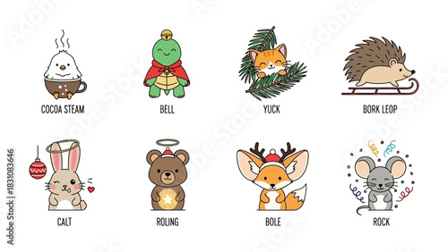 Festive Animal Collection: An array of adorable, cartoonish animals celebrates the season with cheerful charm and whimsy. Illustrated in a vibrant style, each animal embodies a unique spirit.