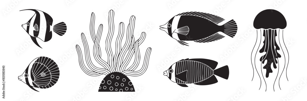 Obraz premium Black and white vector illustration of various sea creatures including fish coral and jellyfish