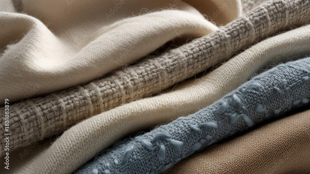 Fototapeta premium Soft and cozy textured blankets stacked together in warm tones for a relaxing atmosphere in a living space