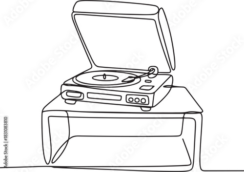 Continuous Line Art Illustration of Retro Record Player on Modern Shelf