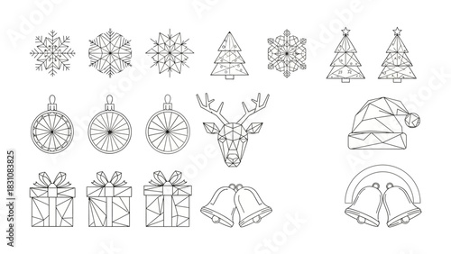 Christmas Collection: A graphic compilation of Christmas-themed line art elements, from snowflakes to gifts, perfect for festive designs.