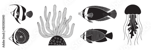 Black and white vector illustration of various sea creatures including fish coral and jellyfish