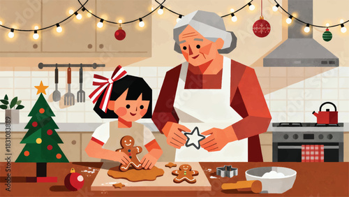 Illustration Of A Girl With Her Grandmother Making Christmas Gingerbread In The Kitchen Vector Design Template