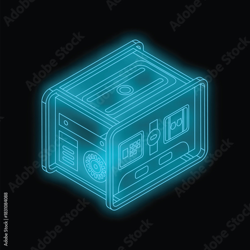 Glowing isometric portable electric generator, bringing power during outages and emergencies