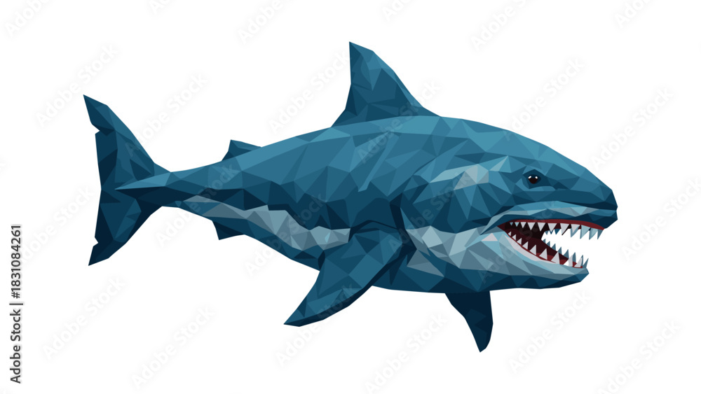 Fototapeta premium Geometric low poly shark on white background with sharp details