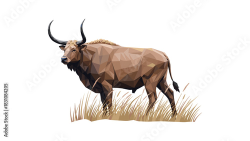 Polygonal bull standing in grassland with geometric shapes and horns