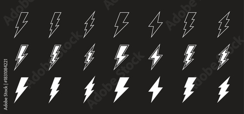 Vector lightning bolt icons in multiple styles create a bold, energetic graphic set. Clean outlines and solid shapes offer versatile usage for modern design needs. Perfect for branding, apps, 