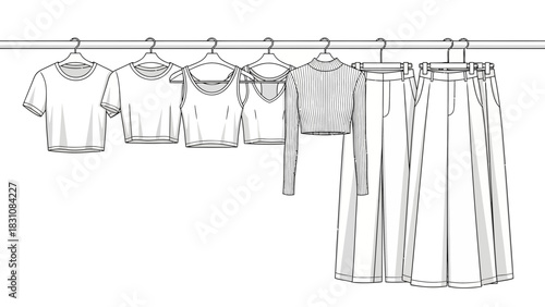 Trendy wardrobe essentials: stylish crop tops and wide-leg pants hanging neatly, perfect for fashion design projects and modern apparel concepts