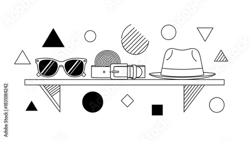 Monochrome collection of retro sunglasses, a belt, and a hat displayed on a shelf, embodying vintage fashion and classic style, great for retro designs