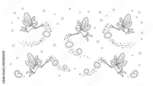 Whimsical Fairies in Flight: A fanciful illustration of graceful fairies soaring through the air, their delicate wings fluttering as they cast spells with radiant stardust trails.