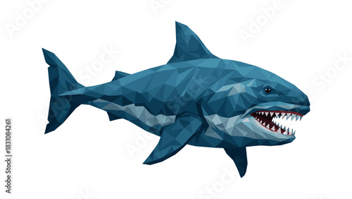 Geometric low poly shark on white background with sharp details