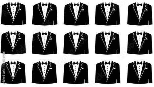 Elegant black tuxedo collection conveys high society, formal occasions, and sophisticated style for your wedding, gala, or awards night invitations