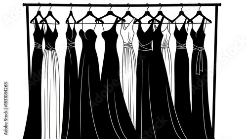 Elegant dresses hanging on a clothing rack offer a chic wardrobe selection for any event, showcasing timeless style and sophisticated design elements