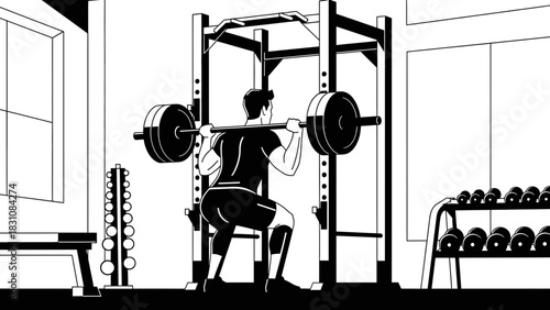 Achieve peak fitness with intense weightlifting session, building strength and power, athletic man squats with heavy barbell in modern gym, workout motivation